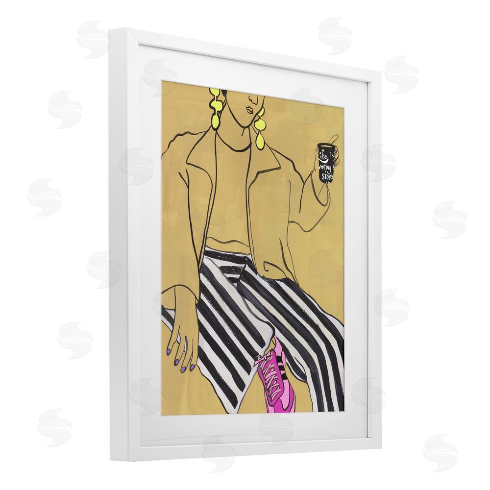 Melissa Wang Fashion Girl in Stripes White Framed Print Under Glass with Mat Wall Art