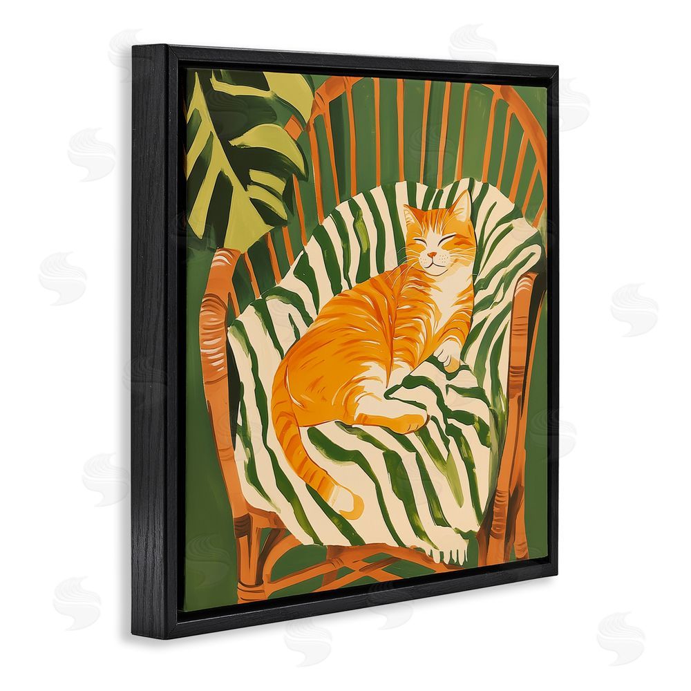 Walker Noble Orange Cat in Rattan Chair Black Floating Frame Canvas Wall Art Print