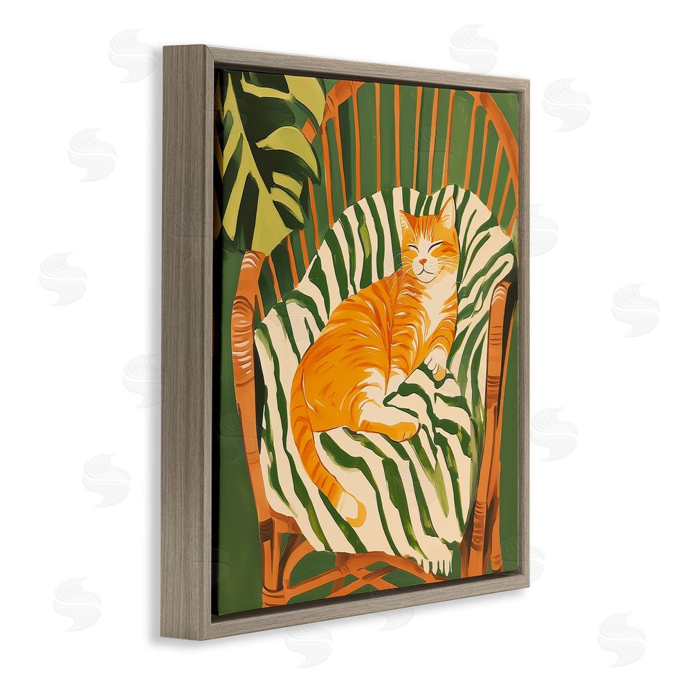 Walker Noble Orange Cat in Rattan Chair Brown Floating Frame Canvas Wall Art Print