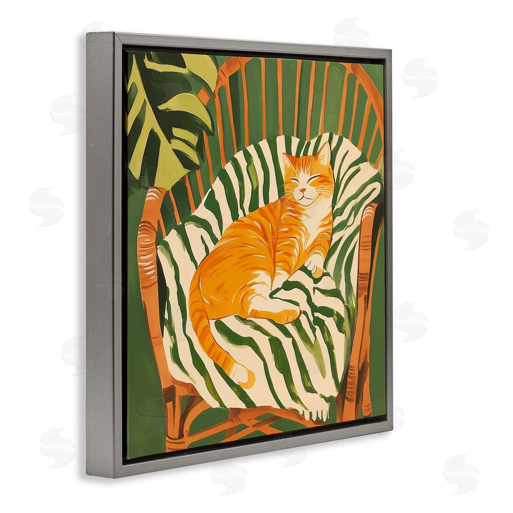 Walker Noble Orange Cat in Rattan Chair Gray Floating Frame Canvas Wall Art Print