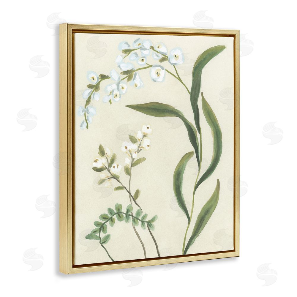 June Erica Vess Neutral Snowdrop Stems Gold Floating Frame Canvas Wall Art Print