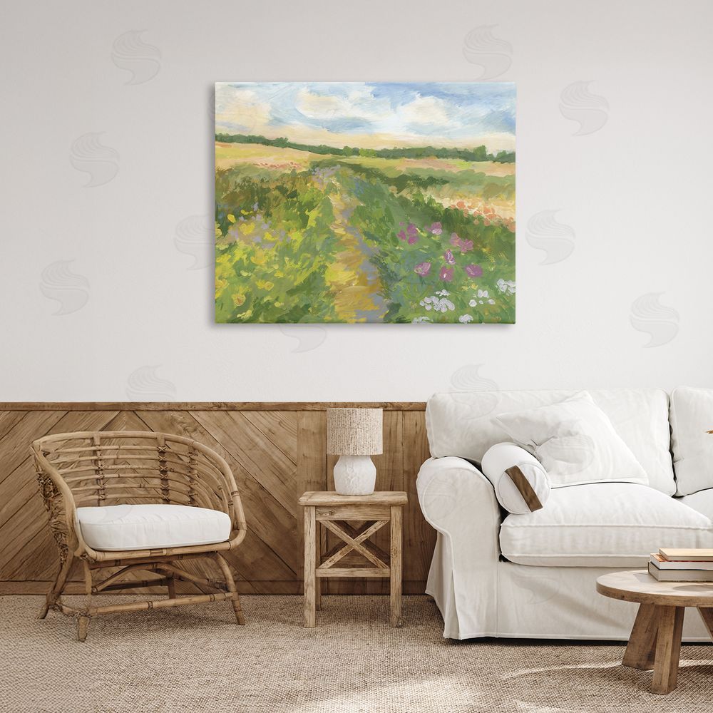 Victoria Barnes Windswept Flower Field Stretched Canvas Wall Art Print in Room