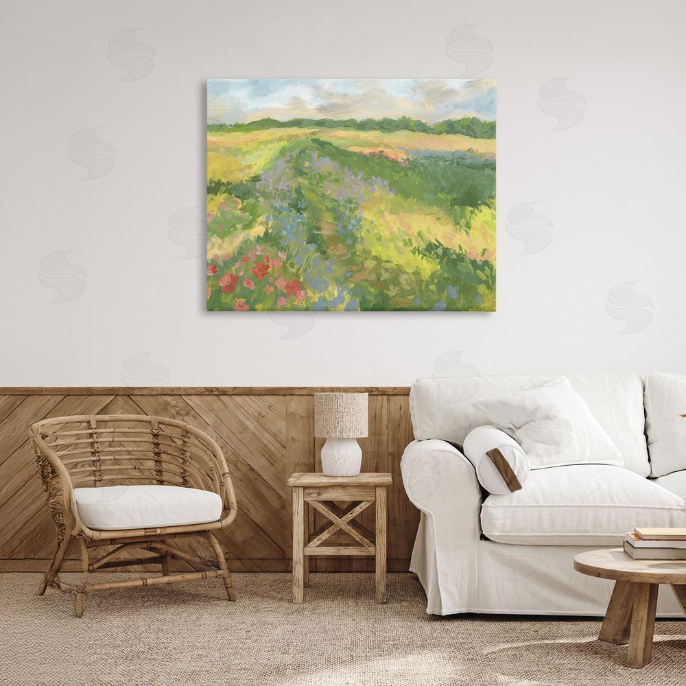 Victoria Barnes Windswept Flower Meadow Stretched Canvas Wall Art Print in Room