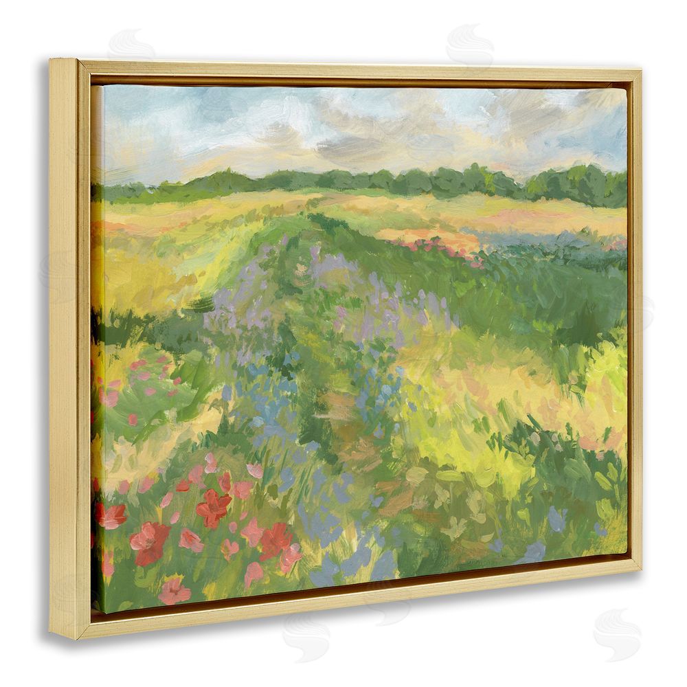 Victoria Barnes Windswept Flower Meadow Gold Floating Frame Canvas Wall Art Print
