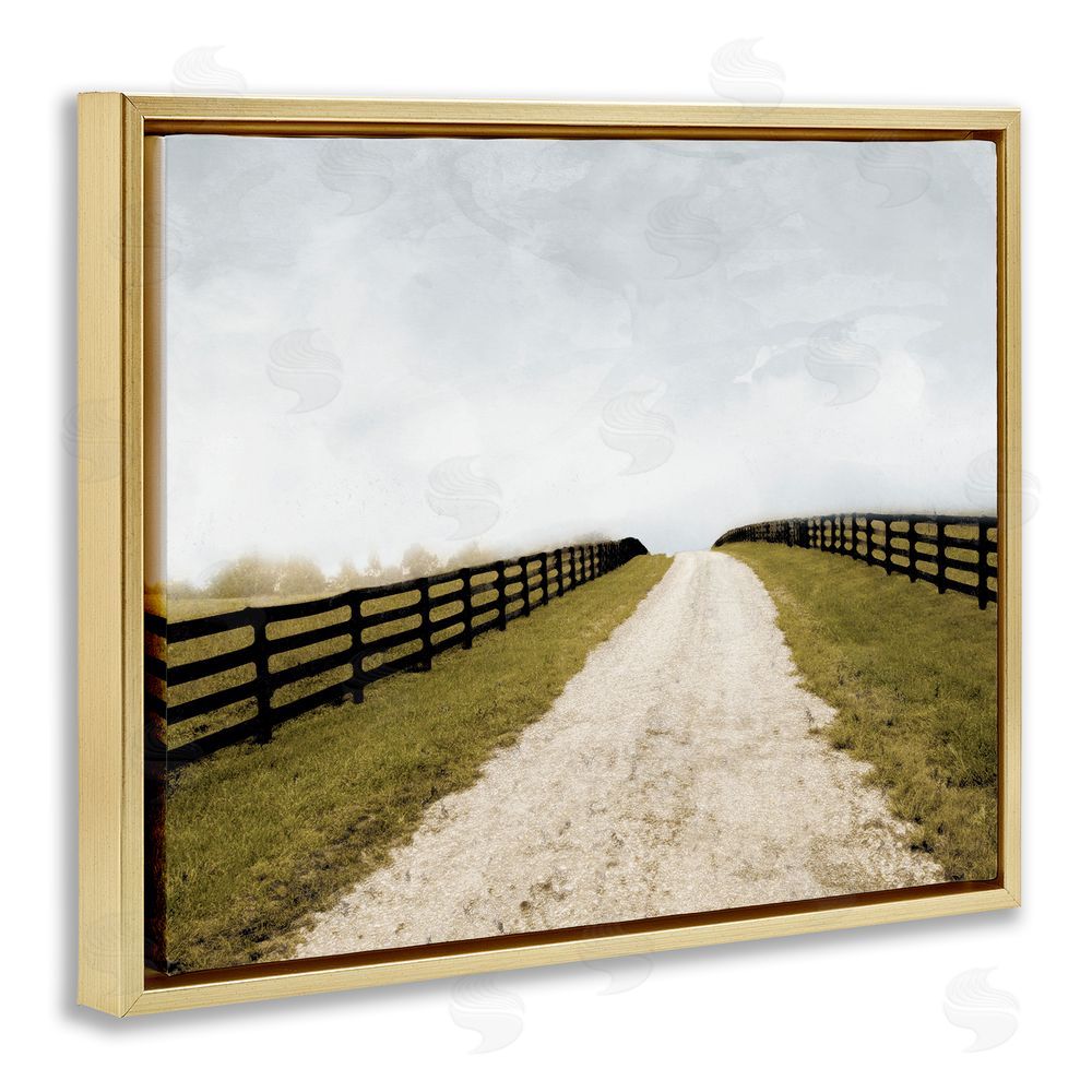 Sundance Graphics Fenced Countryside Lane Gold Floating Frame Canvas Wall Art Print