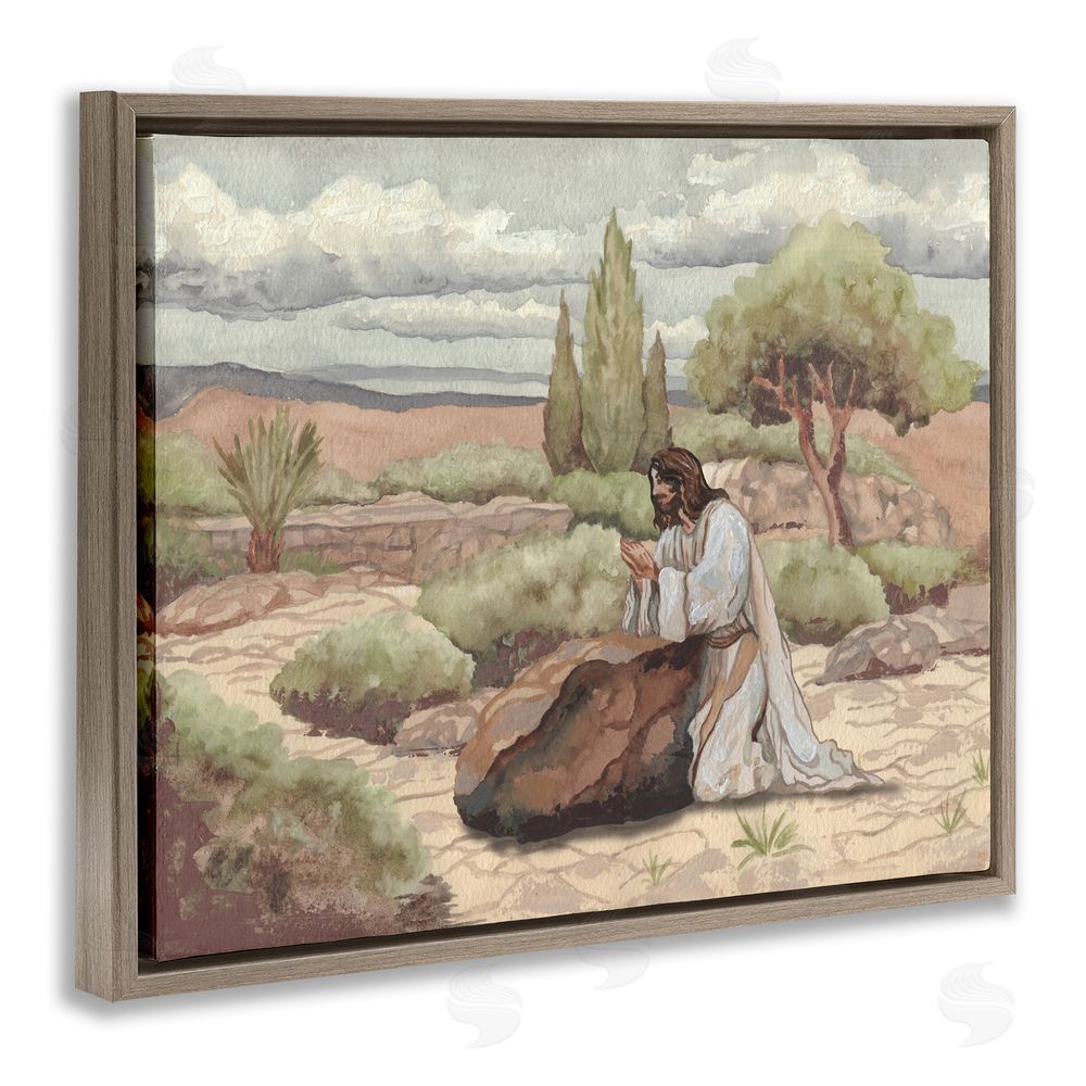 Sundance Graphics Jesus Praying Countryside Brown Floating Frame Canvas Wall Art Print
