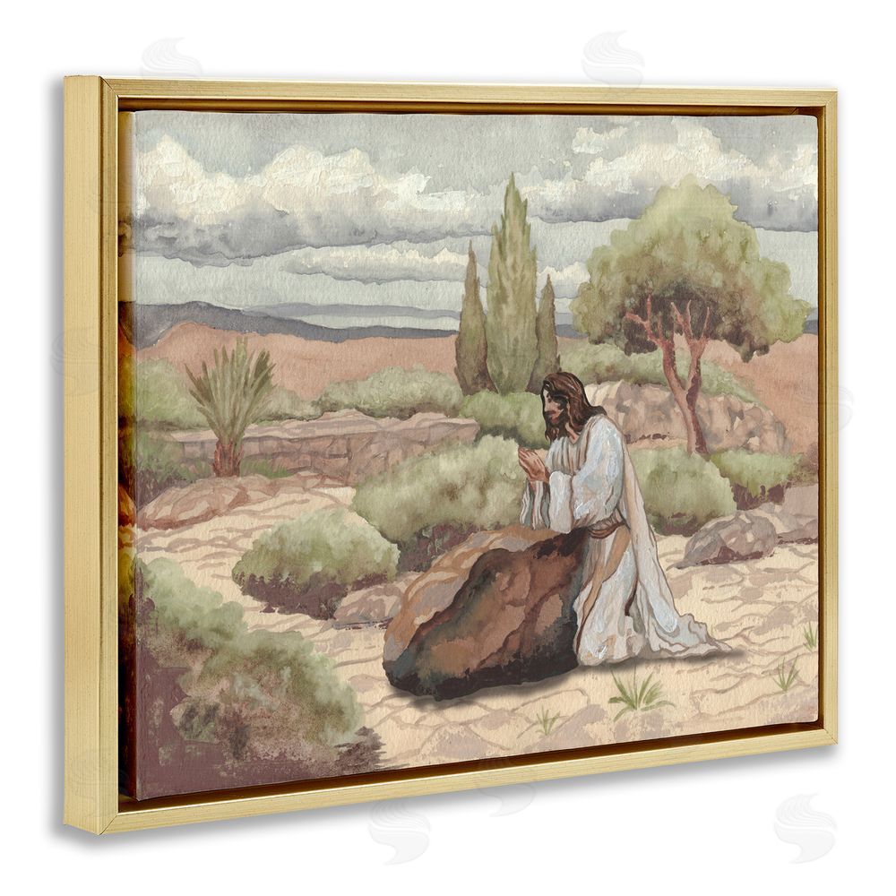 Sundance Graphics Jesus Praying Countryside Gold Floating Frame Canvas Wall Art Print