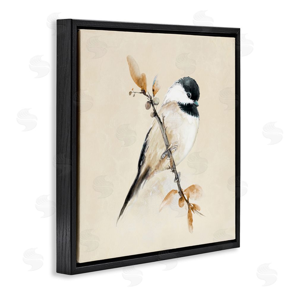 Sundance Graphics Muted Watercolor Chickadee Black Floating Frame Canvas Wall Art Print