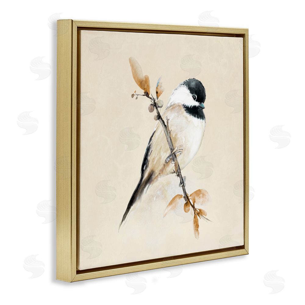Sundance Graphics Muted Watercolor Chickadee Gold Floating Frame Canvas Wall Art Print