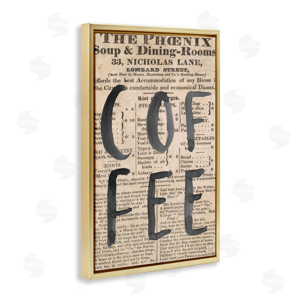 Sundance Graphics Vintage Coffee Newspaper Gold Floating Frame Canvas Wall Art Print