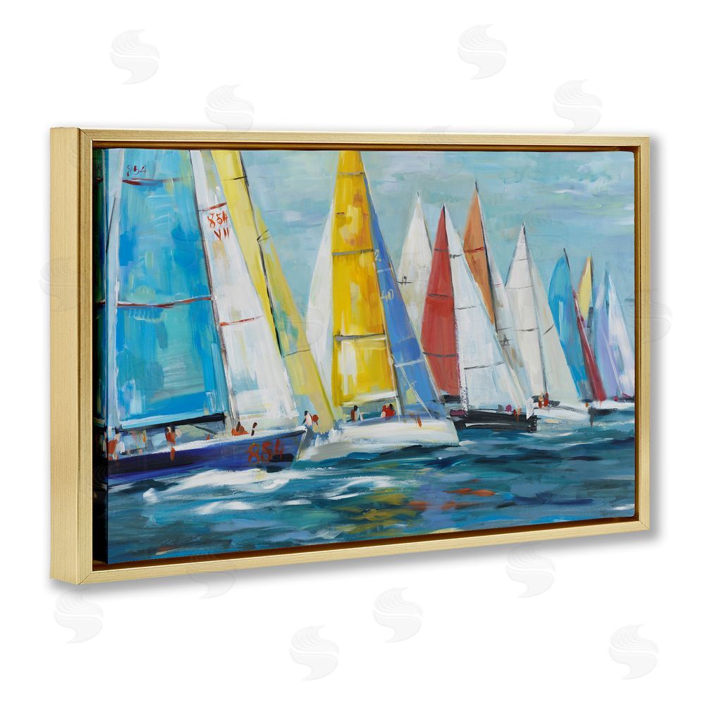 Sundance Graphics Colorful Sails Coastal Scene Gold Floating Frame Canvas Wall Art Print