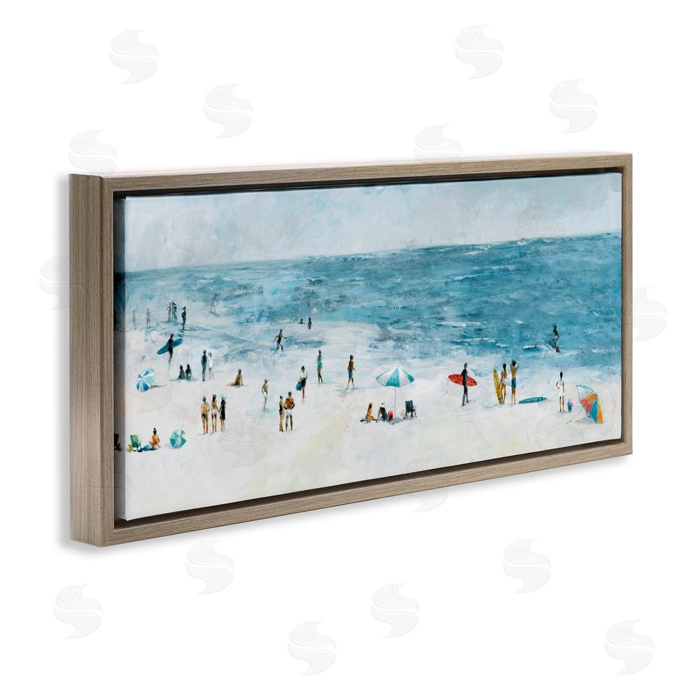 Sundance Graphics Busy Beach Coastal Scene Brown Floating Frame Canvas Wall Art Print