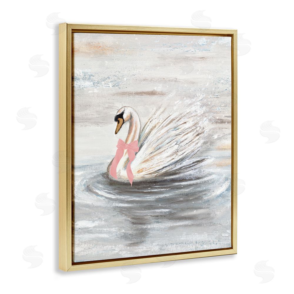 Sundance Graphics Swan With Pink Bow & Ripples Gold Floating Frame Canvas Wall Art Print