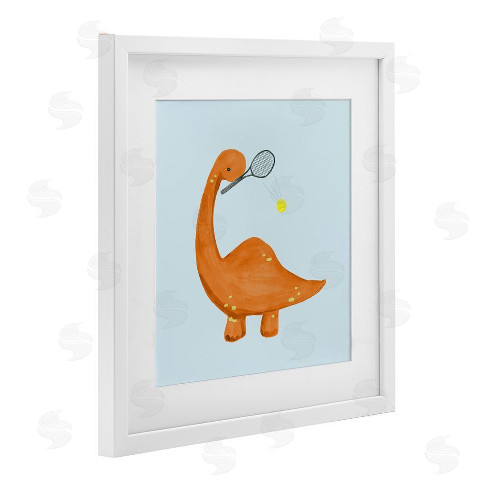 Sundance Graphics Baby Dino Playing Tennis White Framed Print Under Glass Wall Art
