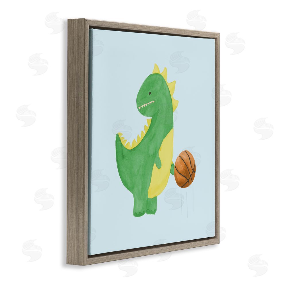 Sundance Graphics Baby Dino & Basketball Brown Floating Frame Canvas Wall Art Print