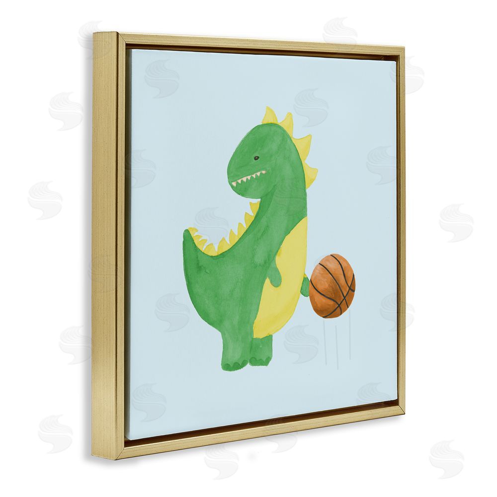 Sundance Graphics Baby Dino & Basketball Gold Floating Frame Canvas Wall Art Print