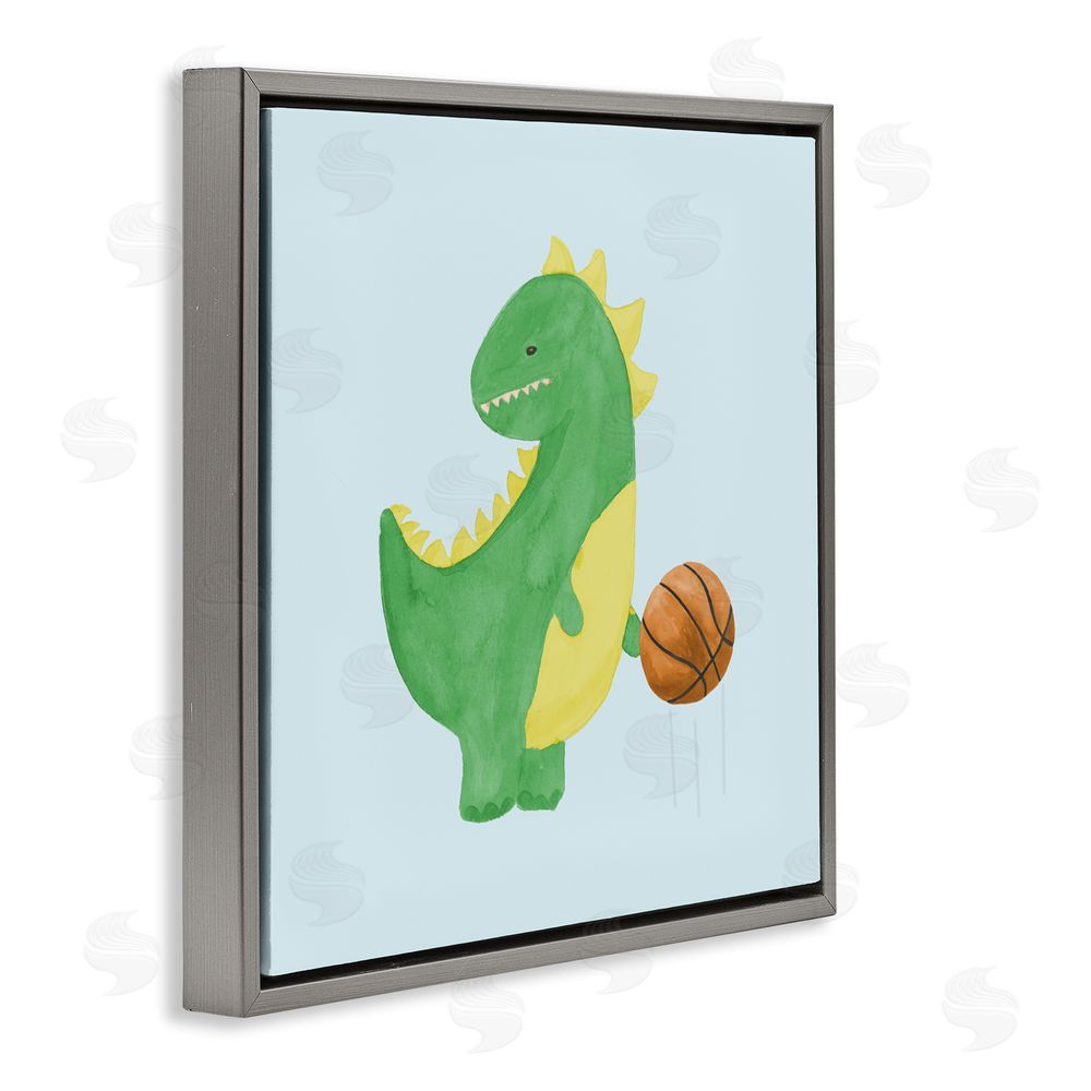 Sundance Graphics Baby Dino & Basketball Gray Floating Frame Canvas Wall Art Print