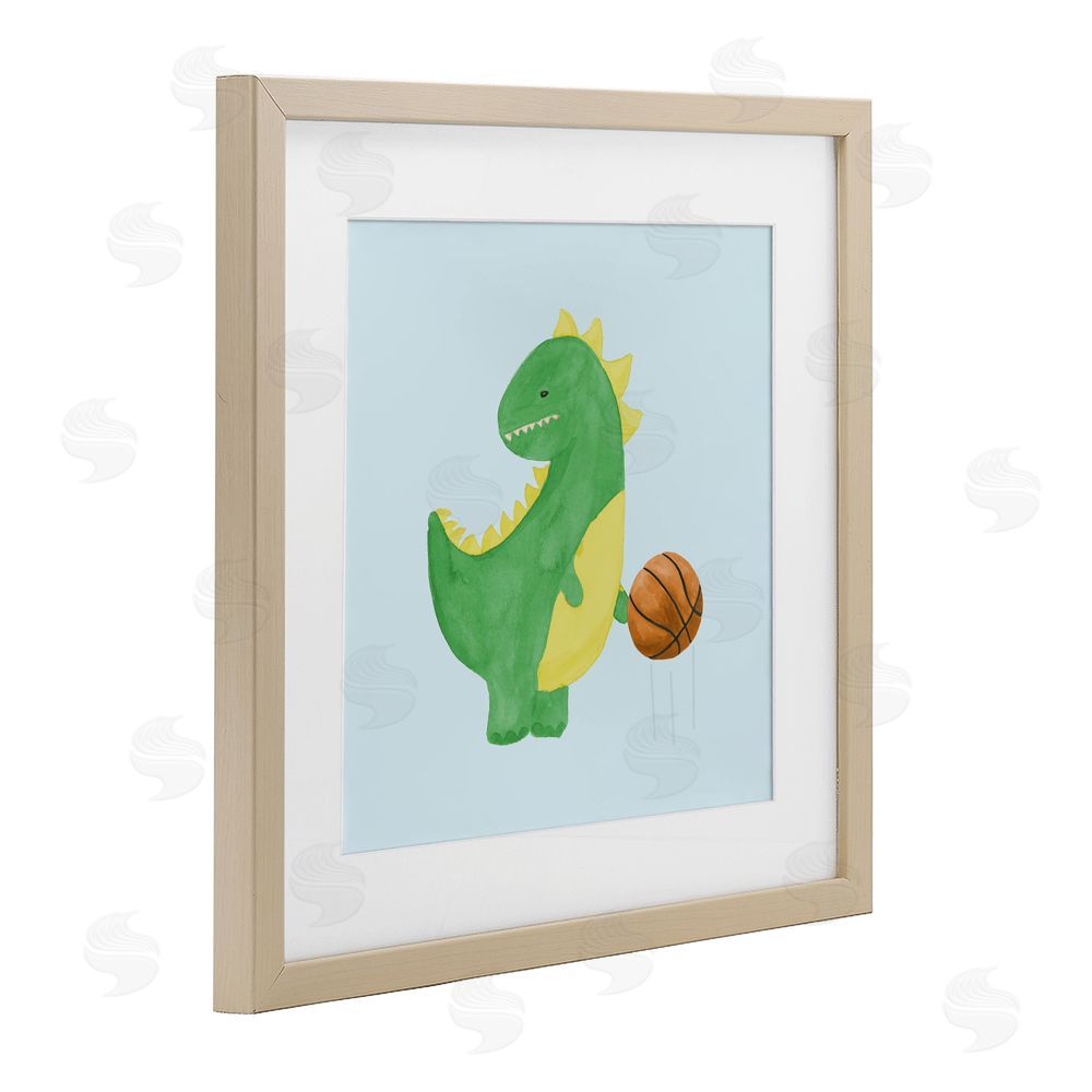 Sundance Graphics Baby Dino & Basketball Birch Framed Print Under Glass Wall Art