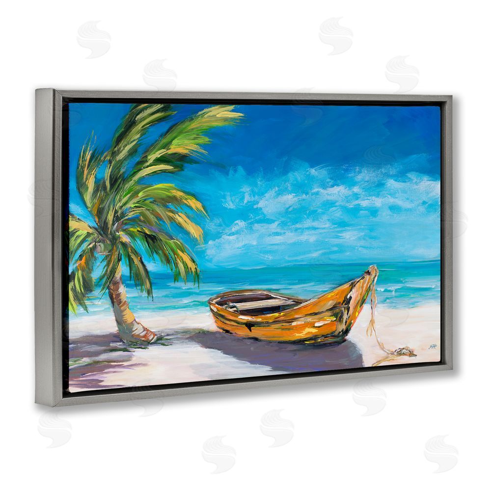 Sundance Graphics Lost Island Palm & Boat Gray Floating Frame Canvas Wall Art Print