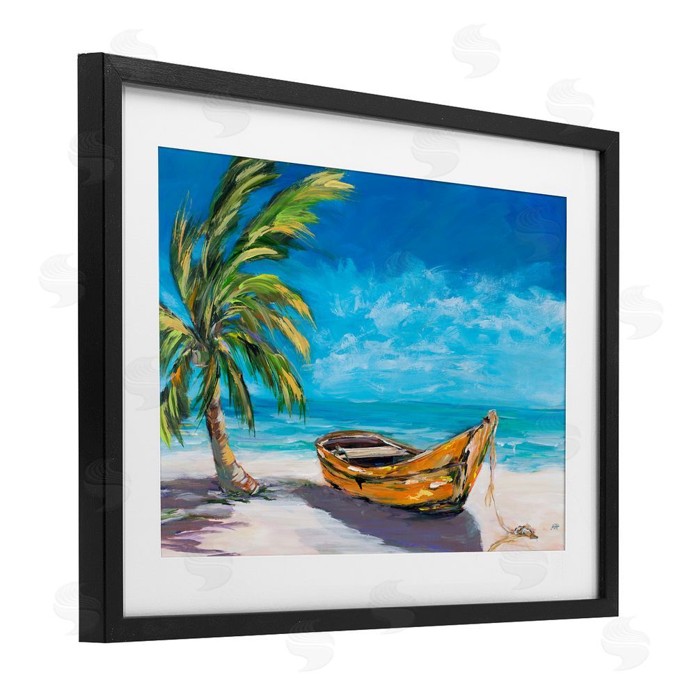 Sundance Graphics Lost Island Palm & Boat Black Framed Print Under Glass Wall Art