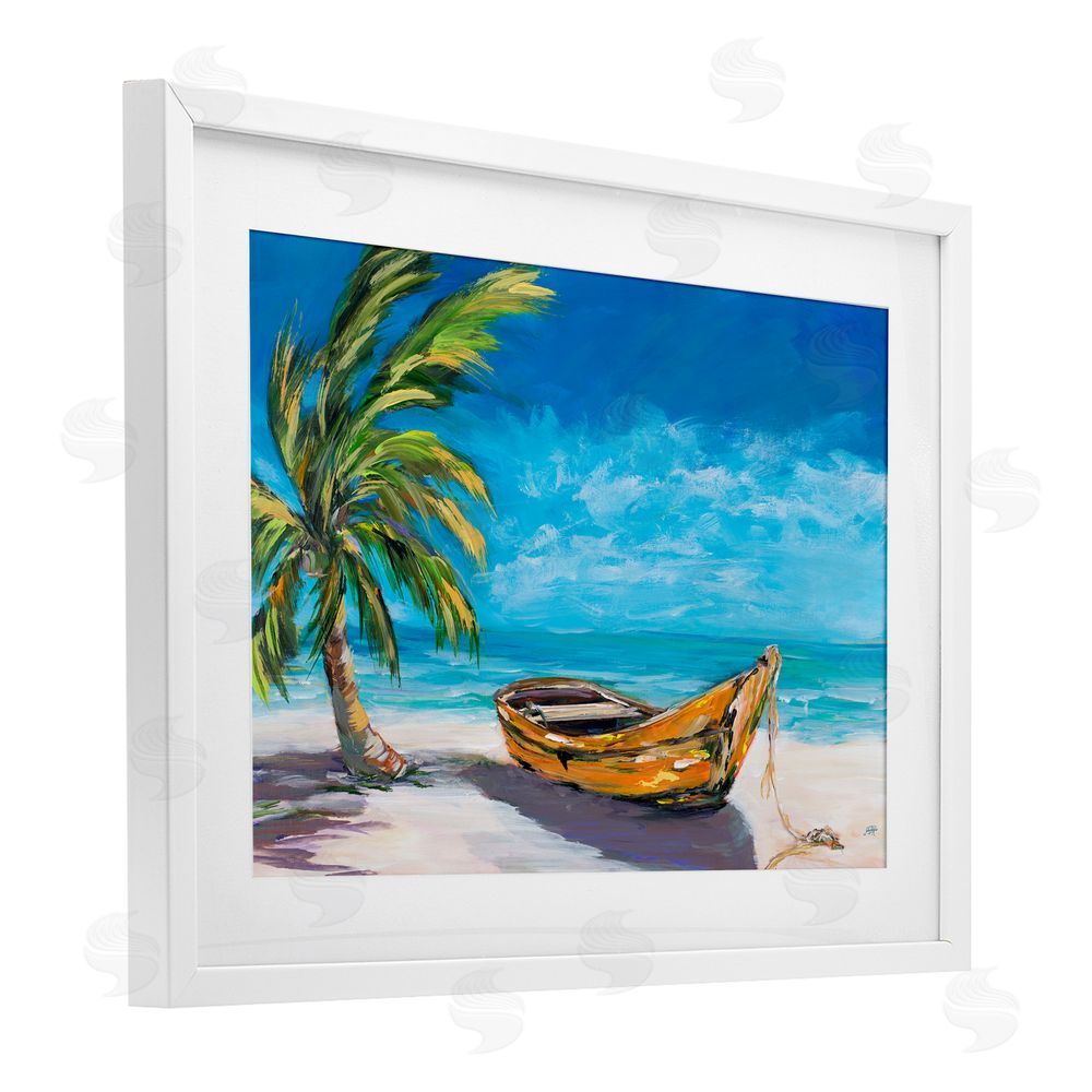 Sundance Graphics Lost Island Palm & Boat White Framed Print Under Glass Wall Art