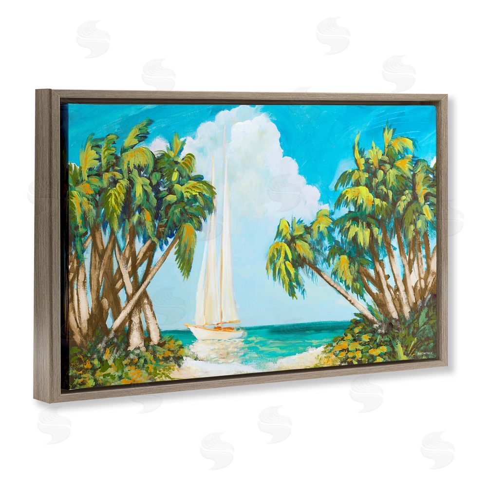 Sundance Graphics Sailboat Among Palms Brown Floating Frame Canvas Wall Art Print
