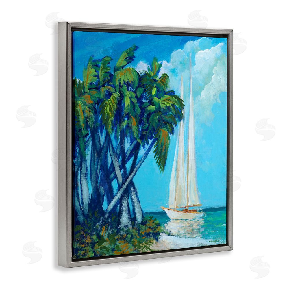 Sundance Graphics Sailboat & Twisted Palms Gray Floating Frame Canvas Wall Art Print