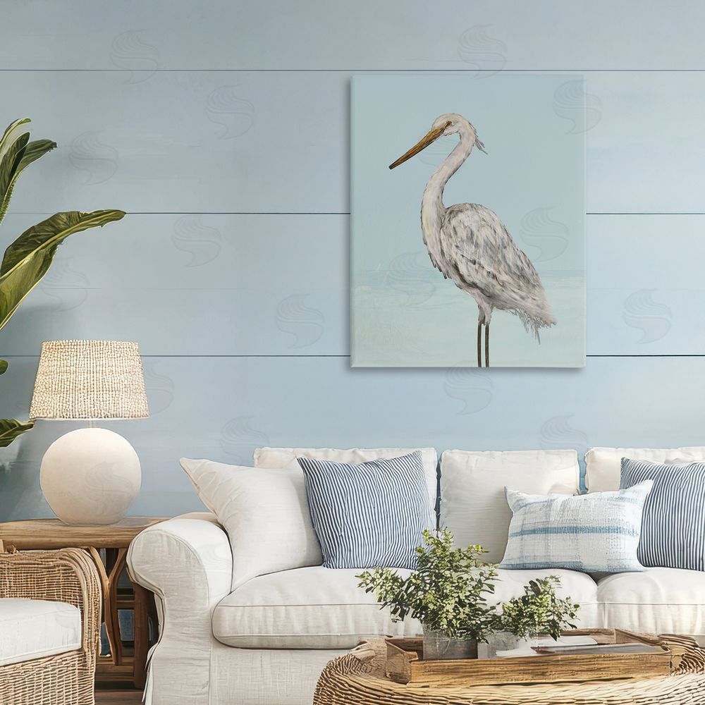 Sundance Graphics Coastal Heron Muted Blue Canvas Wall Art Print in Room