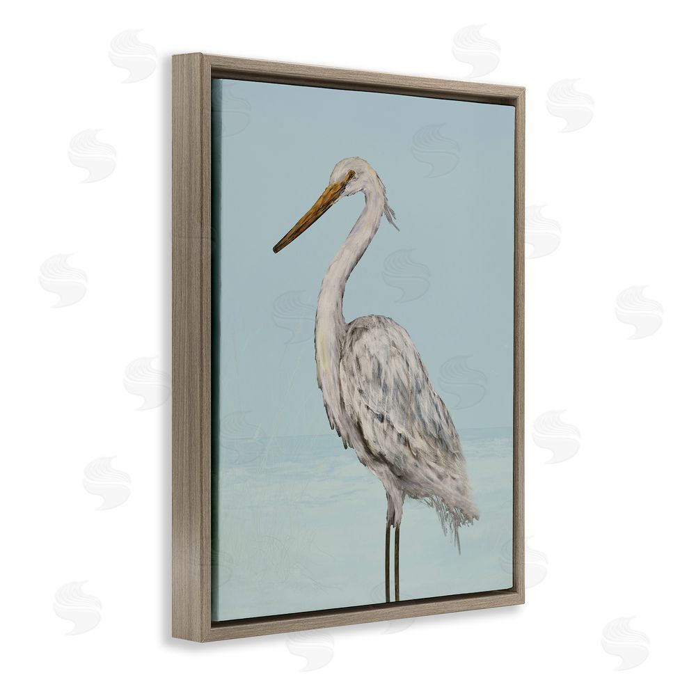 Sundance Graphics Coastal Heron Muted Blue Brown Floating Frame Canvas Wall Art Print
