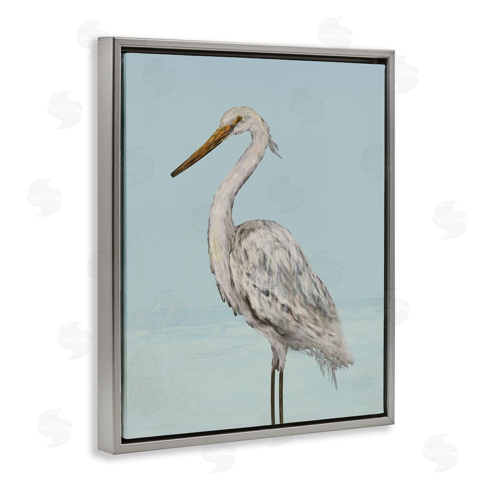 Sundance Graphics Coastal Heron Muted Blue Gray Floating Frame Canvas Wall Art Print