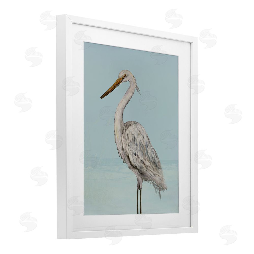 Sundance Graphics Coastal Heron Muted Blue White Framed Print Under Glass Wall Art
