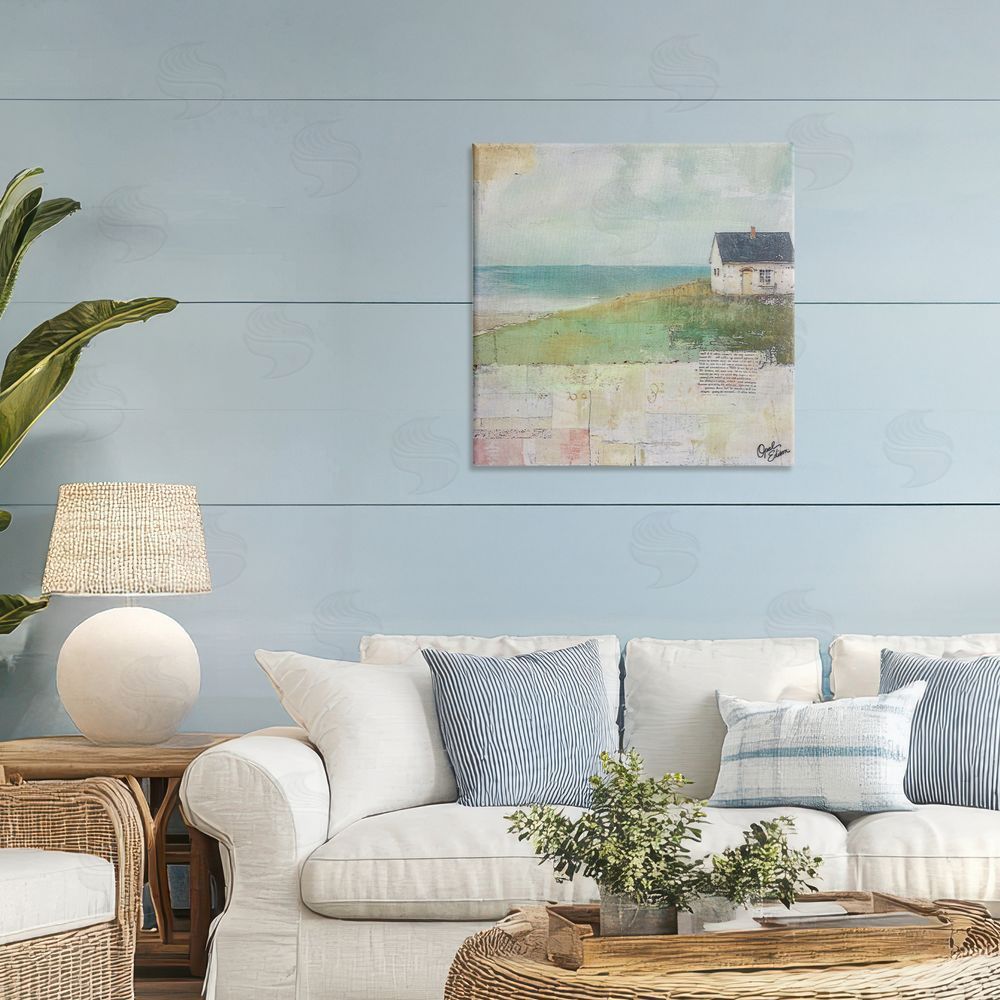 Opal Edison Quiet Place By The Coast Stretched Canvas Wall Art Print in Room