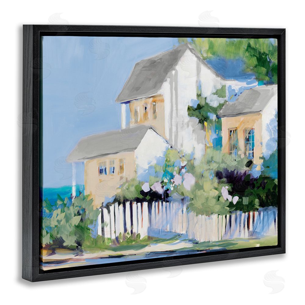 Sundance Graphics Living by the Water Cottage Black Floating Frame Canvas Wall Art Print