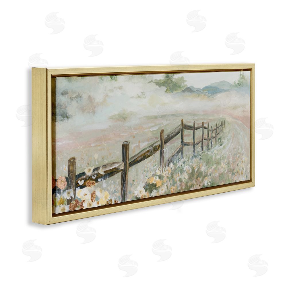 Sundance Graphics Soft Fence with Flowers Gold Floating Frame Canvas Wall Art Print
