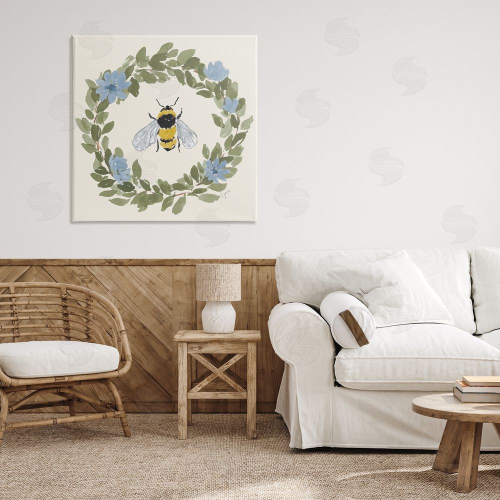 Lucille Price Floral Wreath Bee Celebration Stretched Canvas Wall Art in Room