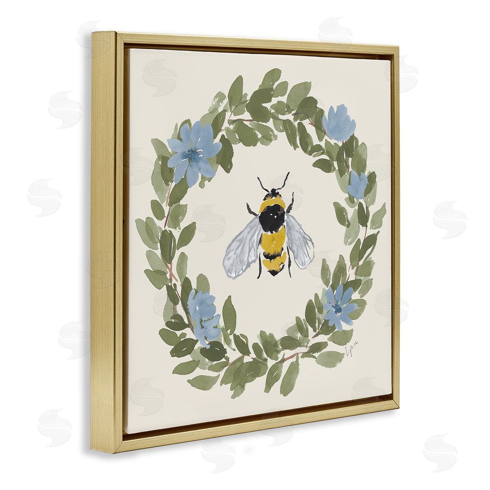 Lucille Price Floral Wreath Bee Celebration Gold Floating Framed Canvas Wall Art