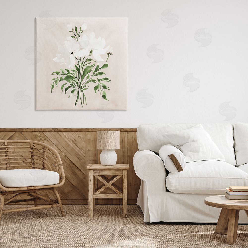 Lucille Price White On Tan Floral Stretched Canvas Wall Art Print in Room