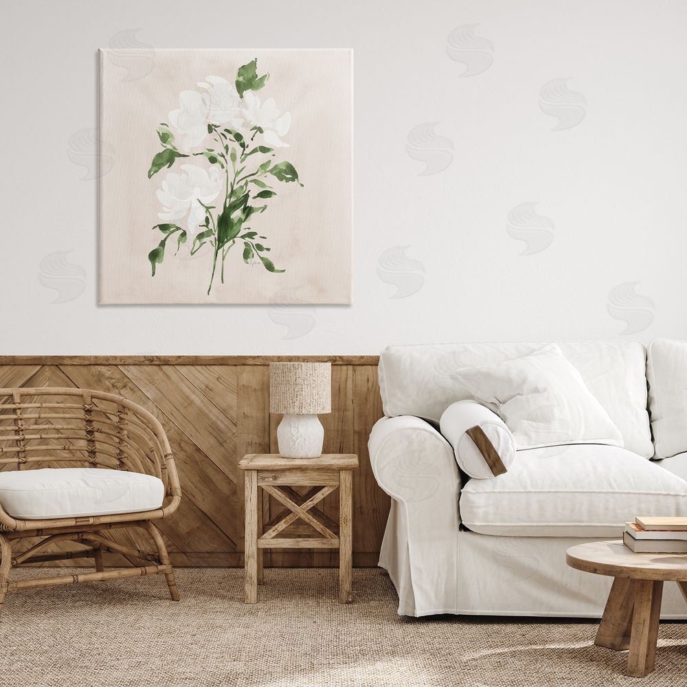 Lucille Price White On Tan Blossom Stretched Canvas Wall Art Print in Room
