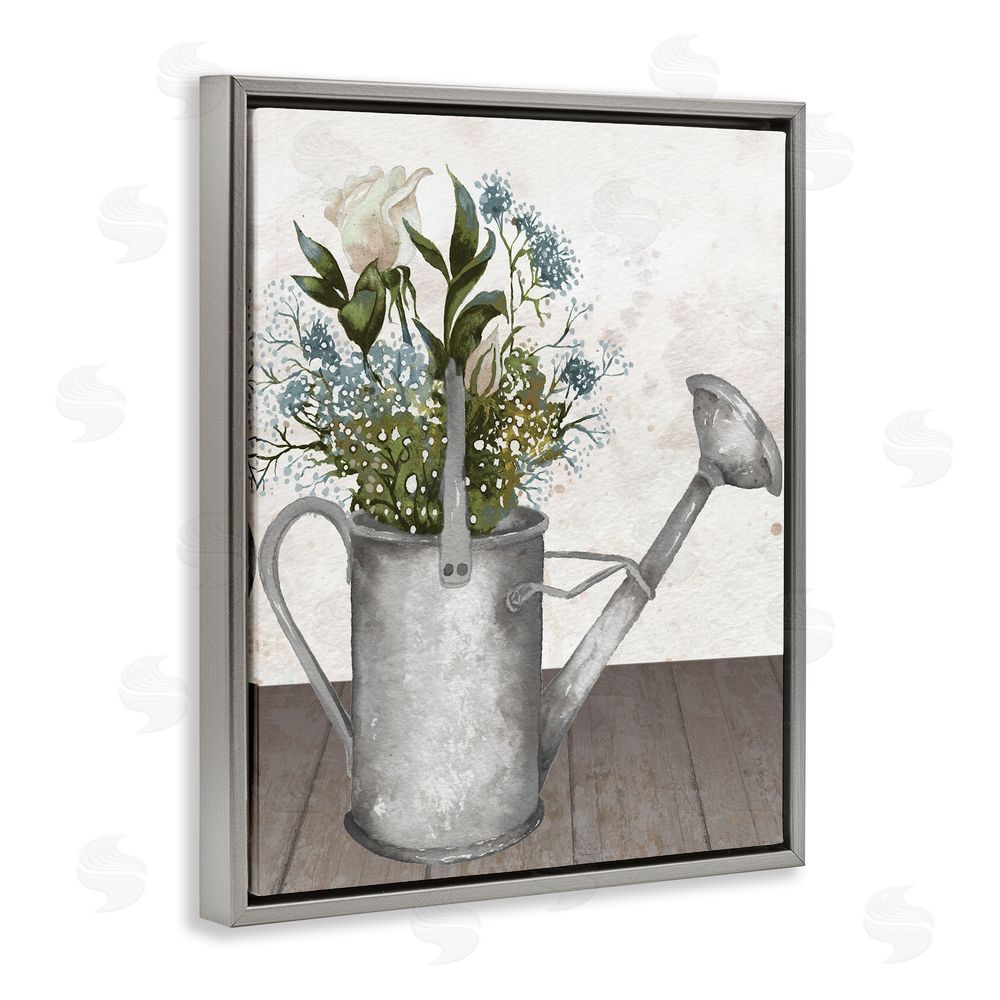 Sundance Graphics Floral Pitcher Watering Can Gray Floating Frame Canvas Wall Art Print