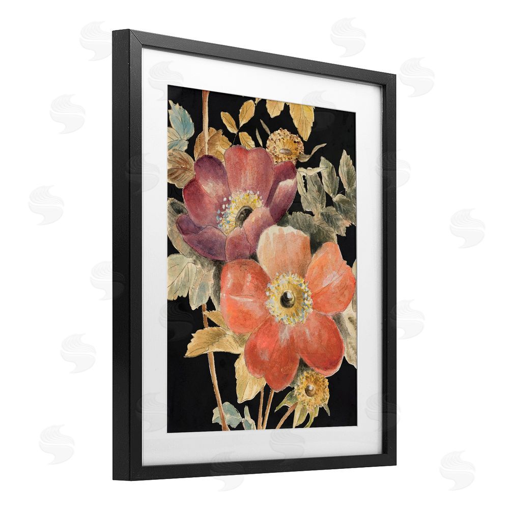 Lanie Loreth Vintage Flower Pair on Dark Black Framed Print Under Glass Art