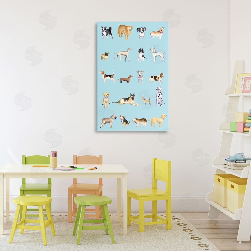 Sundance Graphics Dog Breeds on Blue Canvas Wall Art Print in Room