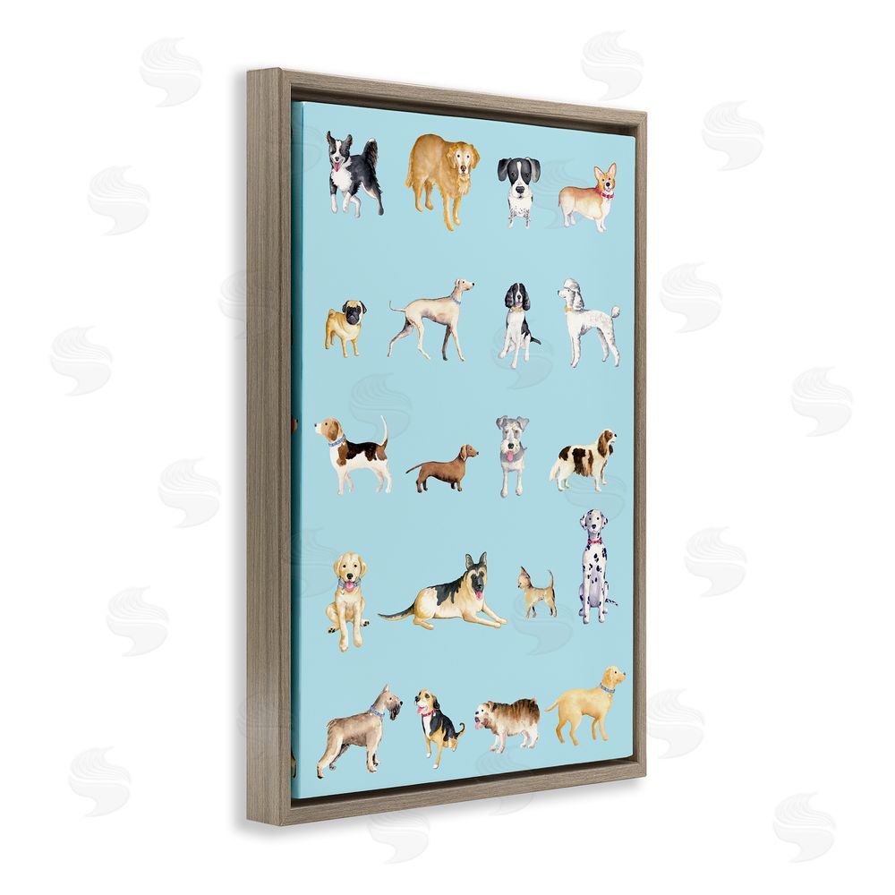 Sundance Graphics Dog Breeds on Blue Brown Floating Frame Canvas Wall Art Print