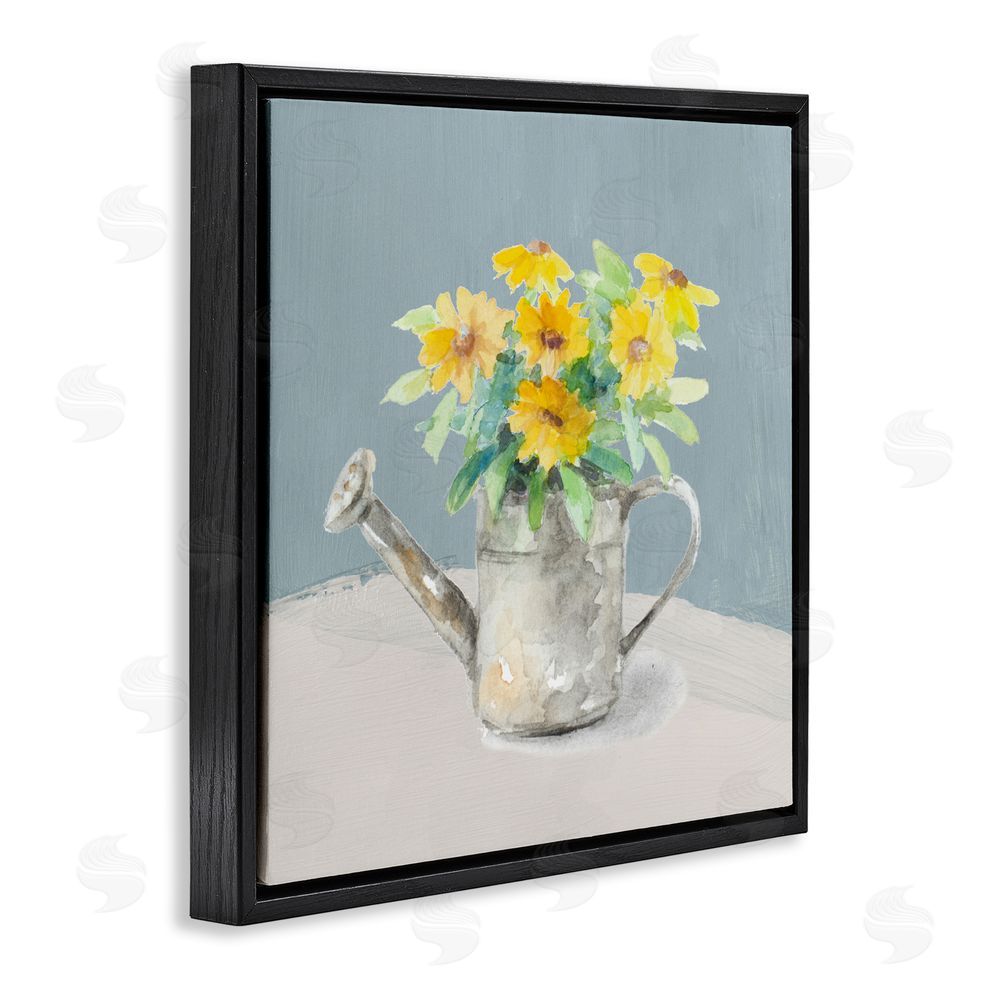 Sundance Graphics Daisies in Watering Can Black Floating Frame Canvas Wall Art Print