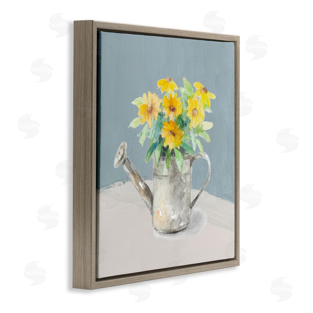 Sundance Graphics Daisies in Watering Can Brown Floating Frame Canvas Wall Art Print
