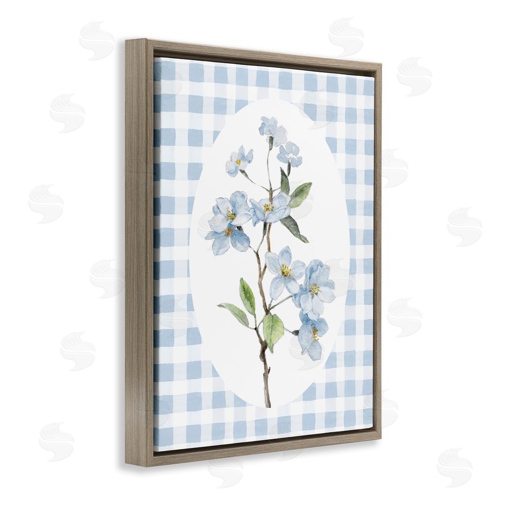 Sundance Graphics Blooms on Blue Checkers Brown Floating Frame Canvas Wall Art Print