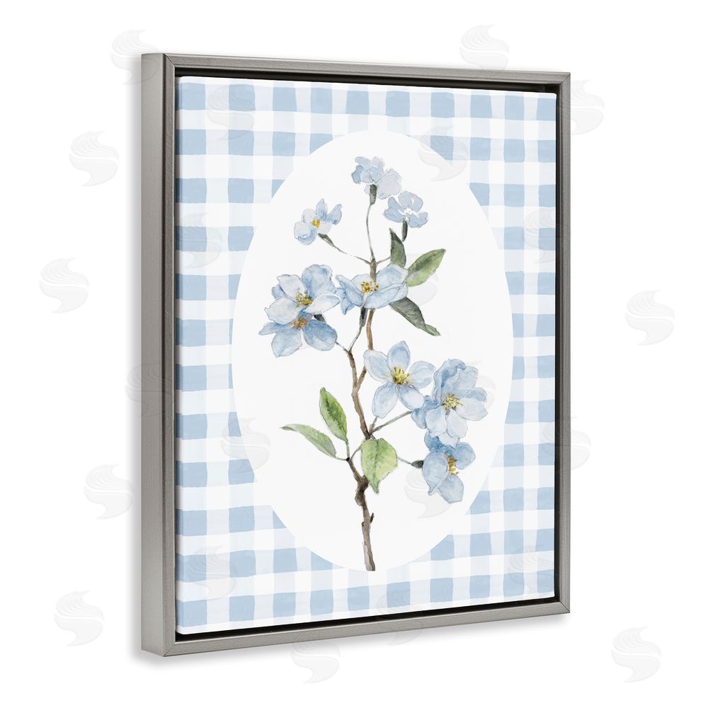 Sundance Graphics Blooms on Blue Checkers Gray Floating Frame Canvas Wall Art Print