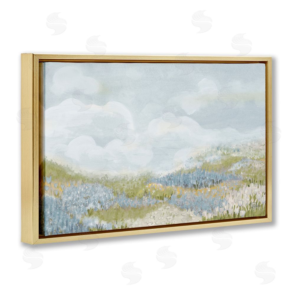 Sundance Graphics Blue Floral Meadow Gold Floating Frame Canvas Wall Art Print