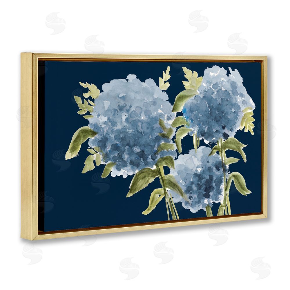 Janice Gaynor Blue Hydrangeas on Indigo Gold Floating Frame Canvas Wall Art Print