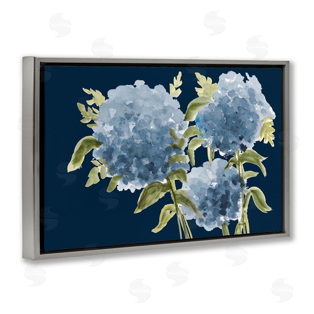 Janice Gaynor Blue Hydrangeas on Indigo Gray Floating Frame Canvas Wall Art Print