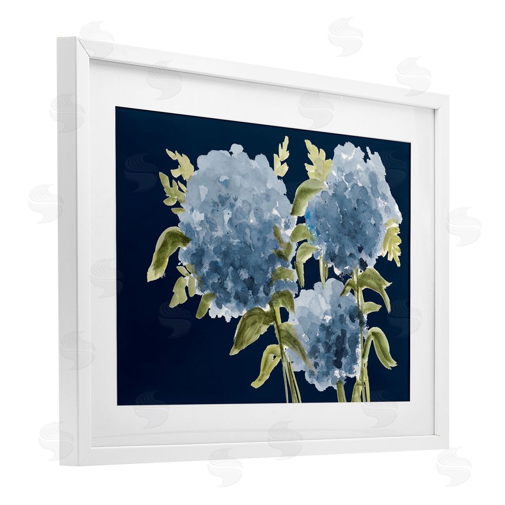Janice Gaynor Blue Hydrangeas on Indigo White Framed Print Under Glass Wall Art